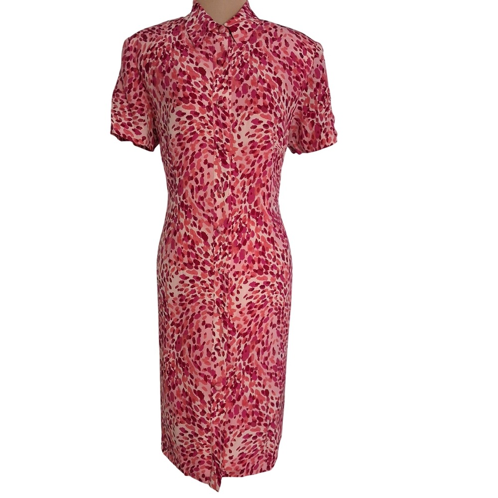 Adrianna Papell Pink Red Silk Abstract Print Button Front Shirt Dress Womens 14